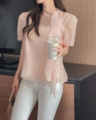 Faionable  Knot ort Sve See-tough Chiffon Top with Tie Ne Design Sweet Loose Fit Polyester Summer irt