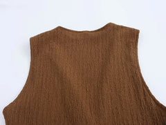 EDSA Women 2 Pcs Set V-Neck Single Breasted Solid Texture Casual Vest Top+High-Waisted Drawstring Wide Leg Pants