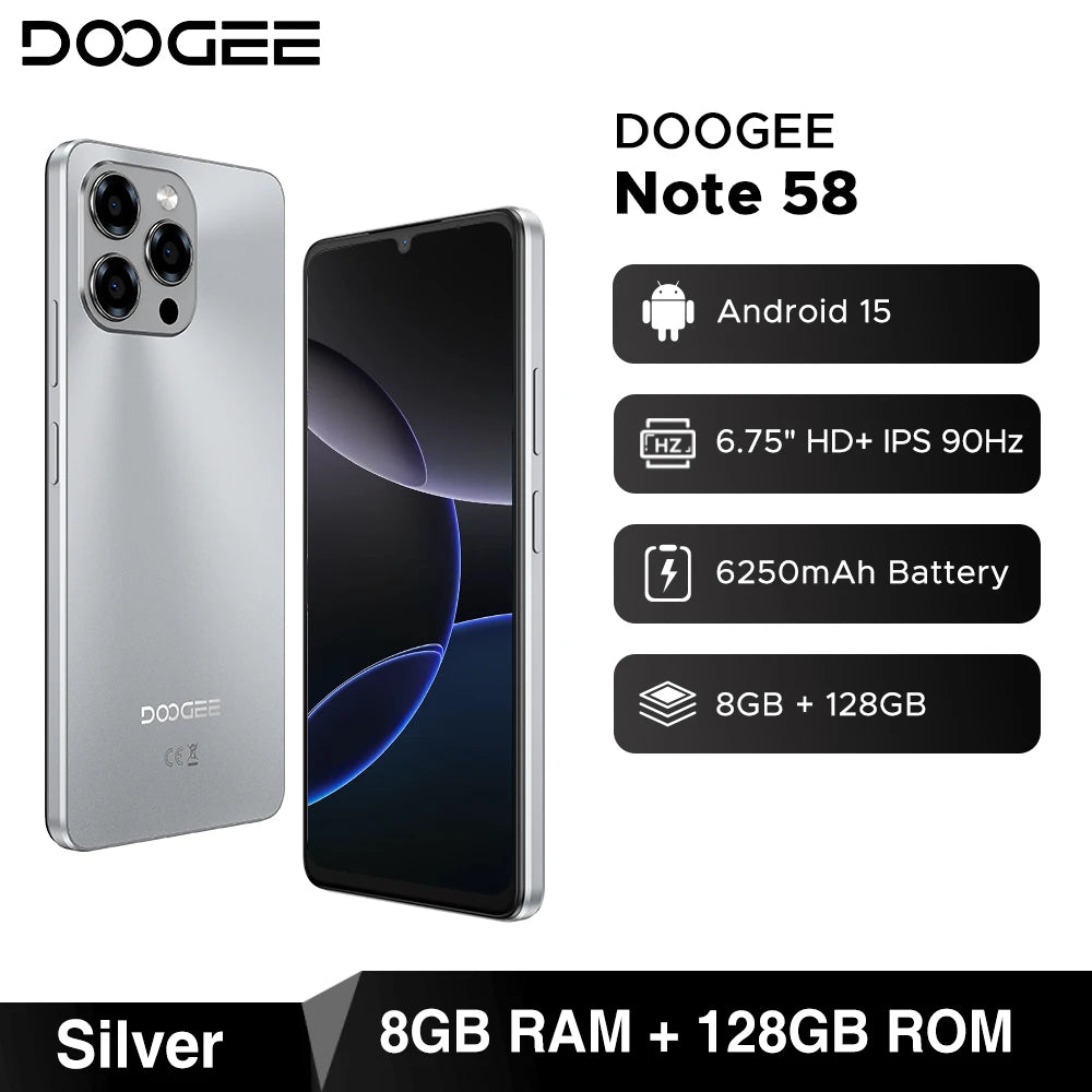 Global Version DOOGEE Note 58 Smartphone 32GB(8+24) 128GB 6.75" HD+ 90Hz Screen 6250mAh Battery Octa Core Processor Android 15