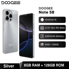 Global Version DOOGEE Note 58 Smartphone 32GB(8+24) 128GB 6.75" HD+ 90Hz Screen 6250mAh Battery Octa Core Processor Android 15
