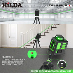 HILDA Laser Level 2 lines/5 Lines 360 Automatic Leveling Level Construction Tool Equipment Green Light Cross Laser Good Gift