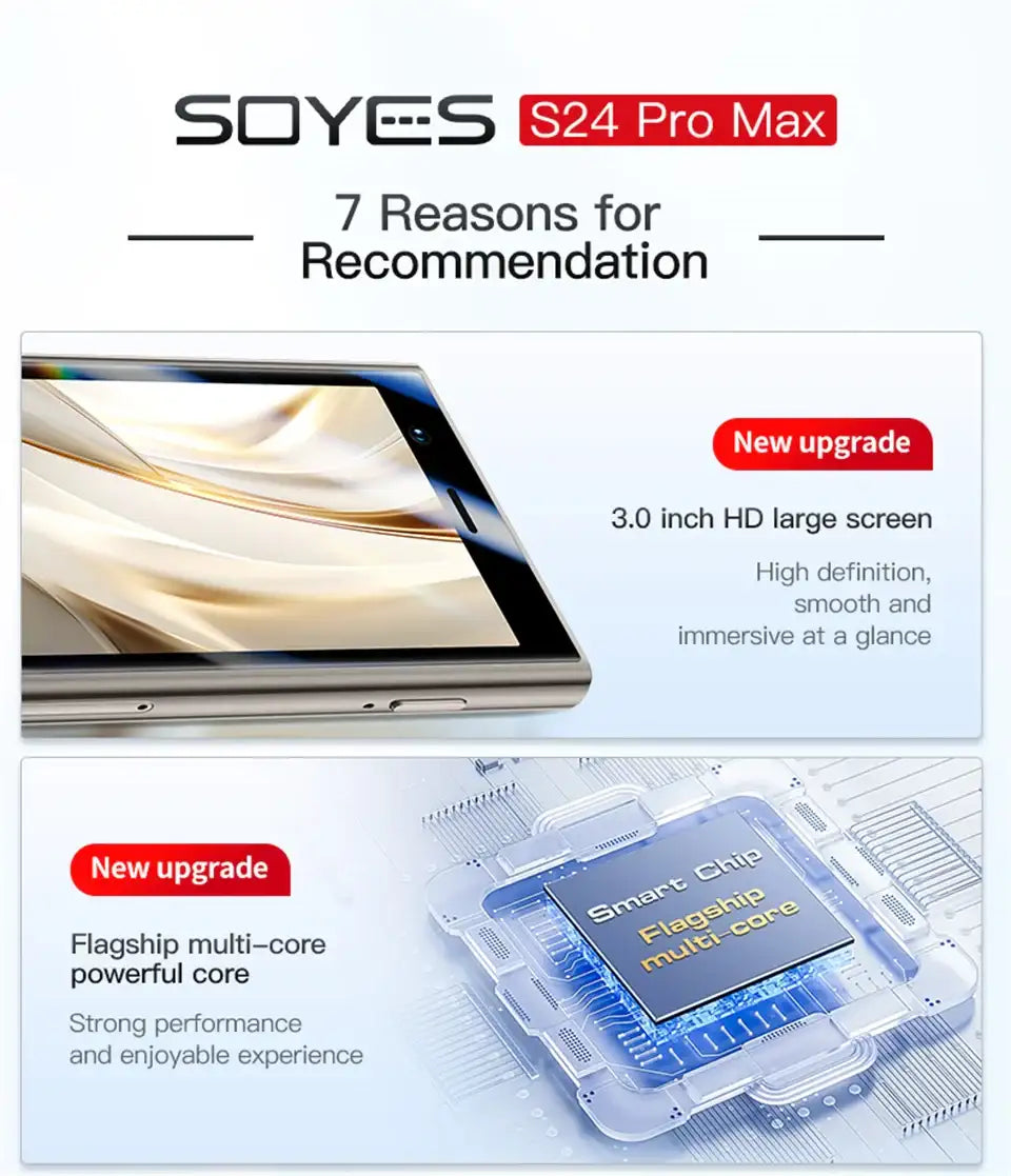SOYES S24 Pro Max mini smartphone promotional banner showing 3 inch HD screen and chipset diagram