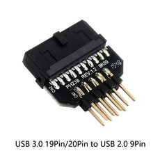 موصل توصيل اللوحة الأمامية من USB 2.0 9 سنون إلى USB 3.0 19 سنون، محول USB 3.0 19/20 سنون إلى USB 2.0 9 سنون