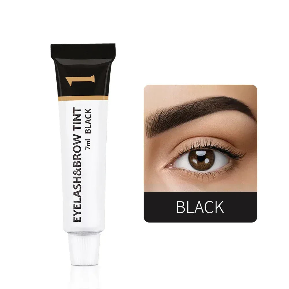 Eyelash and eyebrow tint tube with black shade and eyebrow application close-up