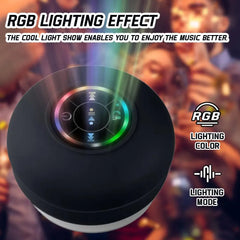 مكبر صوت بلوتوث مقاوم للماء مع أضواء LED مكبر صوت لاسلكي محمول للاستحمام مع كوب شفط للحمام والسفر في الهواء الطلق