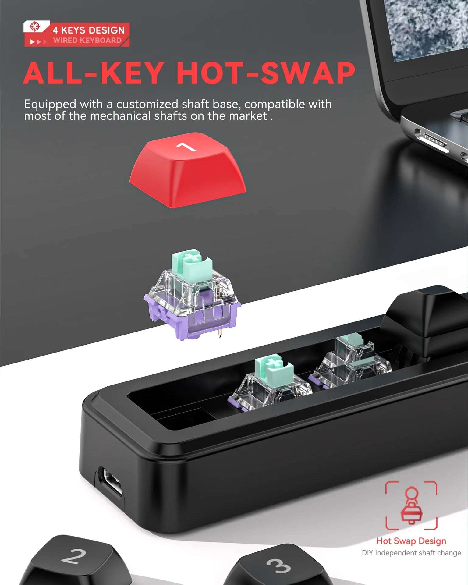 Mechanical Keyboard Macro Programming Keyboard RGB Mini Hot Swap 4 Keys 1 Knob Wired Hot Swap Macro Gaming Mechanical Keyboard