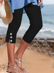 Plus size summer mid waist elastic solid color cropped pants tight, fashionable, sexy button down casual pants for women