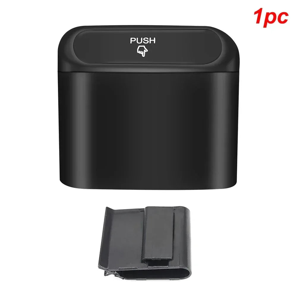 Black push mini car trash bin with hinged lid, compact seat mount