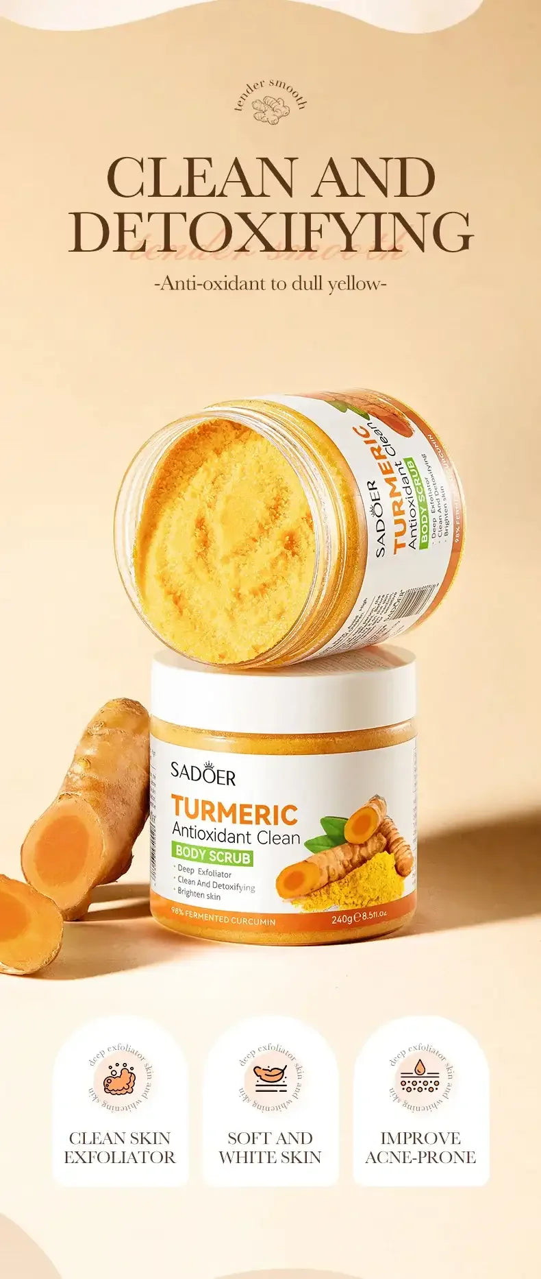 SADOER Turmeric Brightening Scrub Deep Cleansing Exfoliating Body Scrub Salt Moisturizing Hydrating Smoothing Skin Care - Mumzar