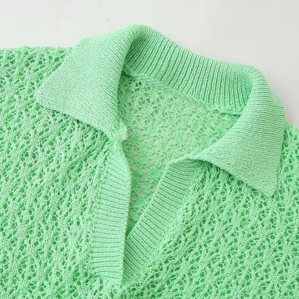 Women Fashion New Short Sleeve Jacquard Mesh Loose Polo Collar Sweater Pullover Tops Chic Female Knit Sweaters Mujer