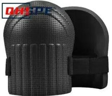 Black knee protection pad with curved shell and adjustable elastic strap
