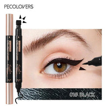 Eyeliner stamp pencil applying dark eyeliner wing near the eye, black shade