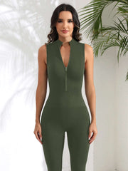Ribbed Sleeveless Zip Front Sport Jumpsuits Women Yoga Jumpsuits Workout Ribbed Seamless One Piece Jumpsuits Zip Up Bodycon