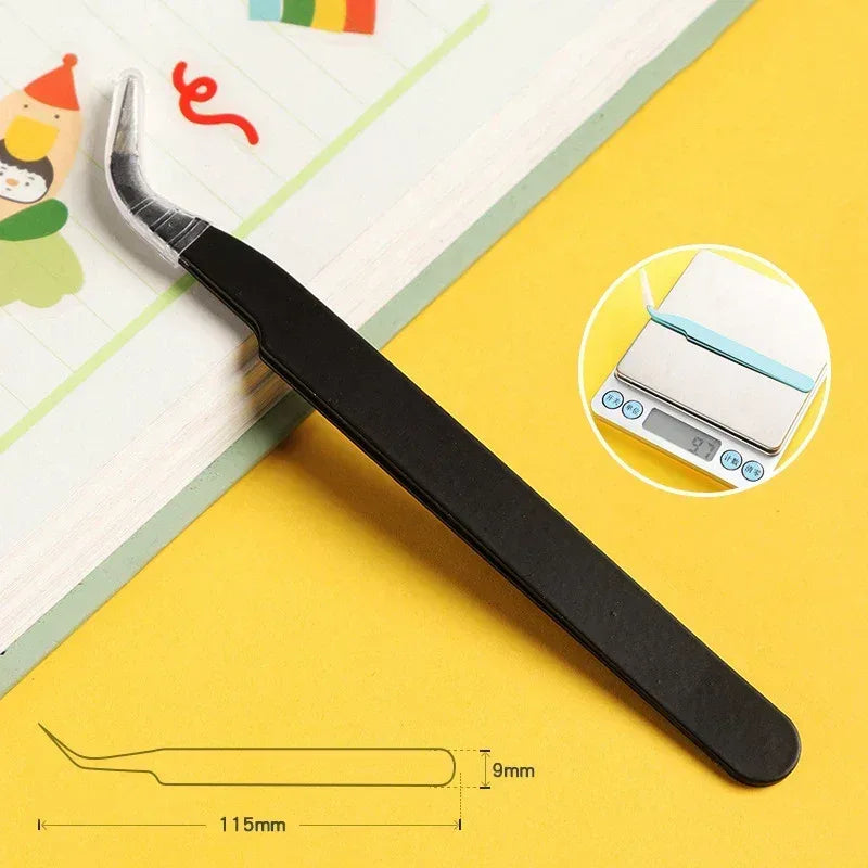 Stainless steel straight tweezers with black handle and pointed tip