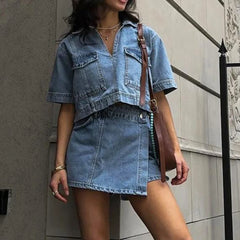 Women’s 2 Piece Denim Outfits Set Short Sleeve Lapel Neck Cropped Jean Pullover Tops + Button High Waist Asymmetrical Shorts