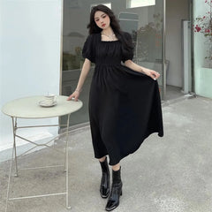 فستان نسائي صيفي من Faion بياقة مربعة من Sweet Retro Dr Tea Break First Love Long Bla Dr Waist Cinched