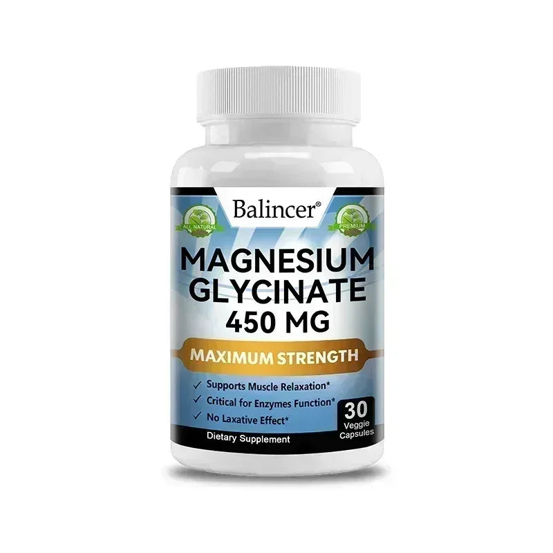 Magnesium glycinate 450 mg supplement bottle, 30 veggie capsules, Balincer label