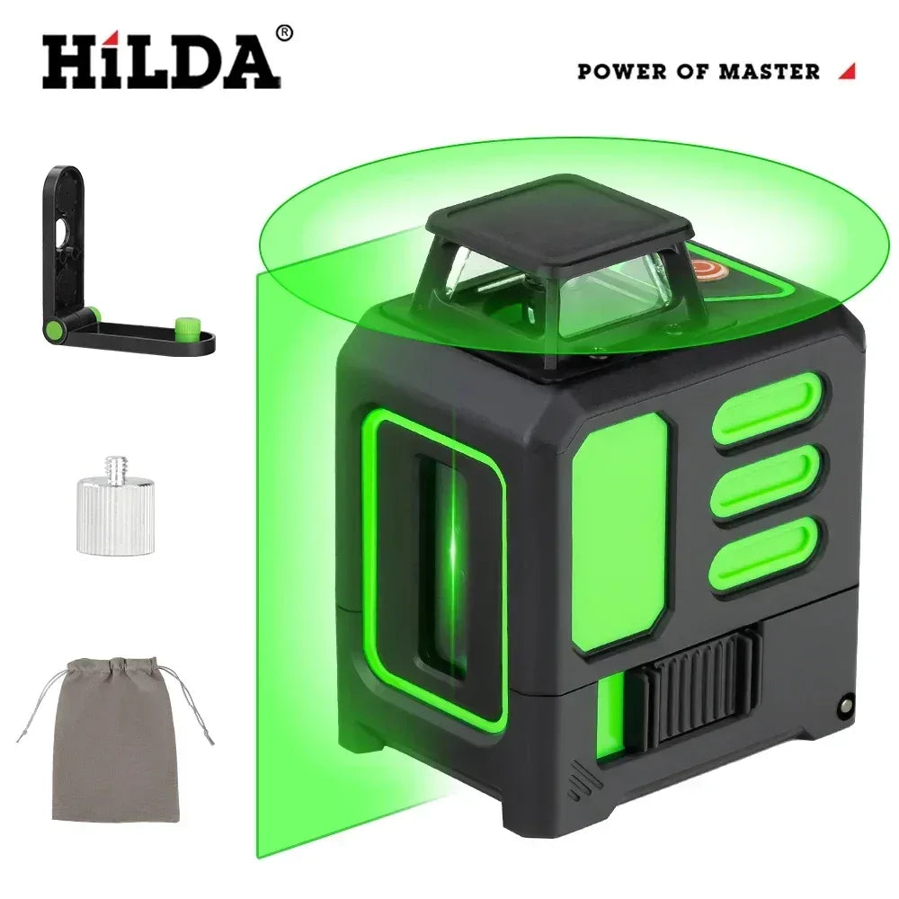 HILDA laser level meter showing green cross lines and leveling base with pouch