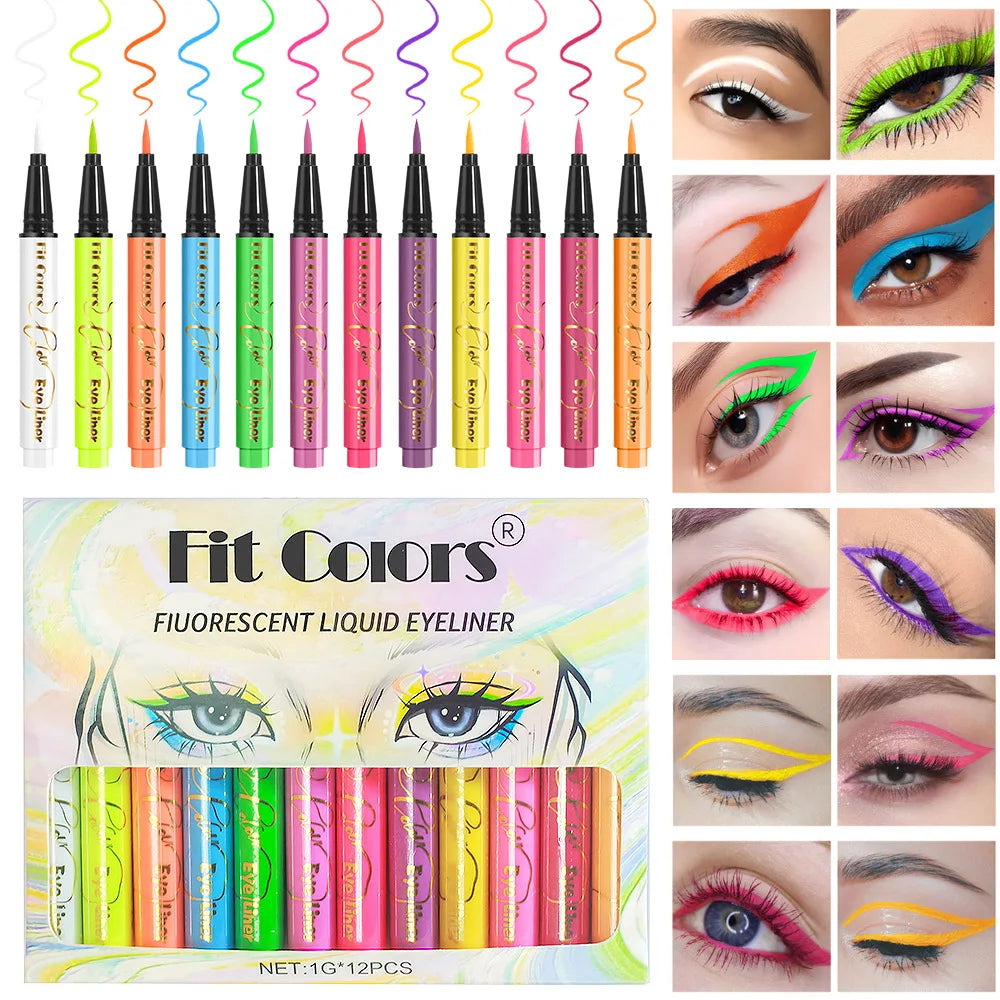 Fit Colors 12pcs/set colorful liquid UV waterproof Fluorescent Eyeliner Face Body Paint Pen long-lasting easy to remove