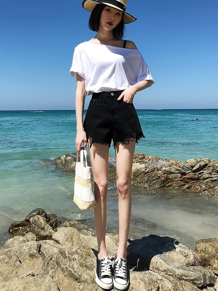 Deep Blue Denim orts Women's High Waist Straight Leg Five-Quarter Length Summer Casual Student Faion Hong Kong Sle Design