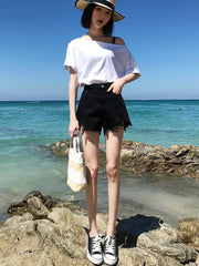 Deep Blue Denim orts Women's High Waist Straight Leg Five-Quarter Length Summer Casual Student Faion Hong Kong Sle Design