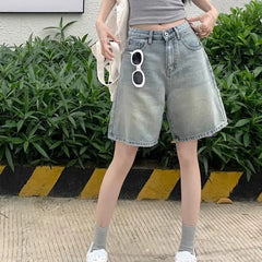 Denim Pants with Side Pockets Vintage High Waist Denim Shorts for Women Wide Leg Streetwear Jeans with Button Closure Zipper