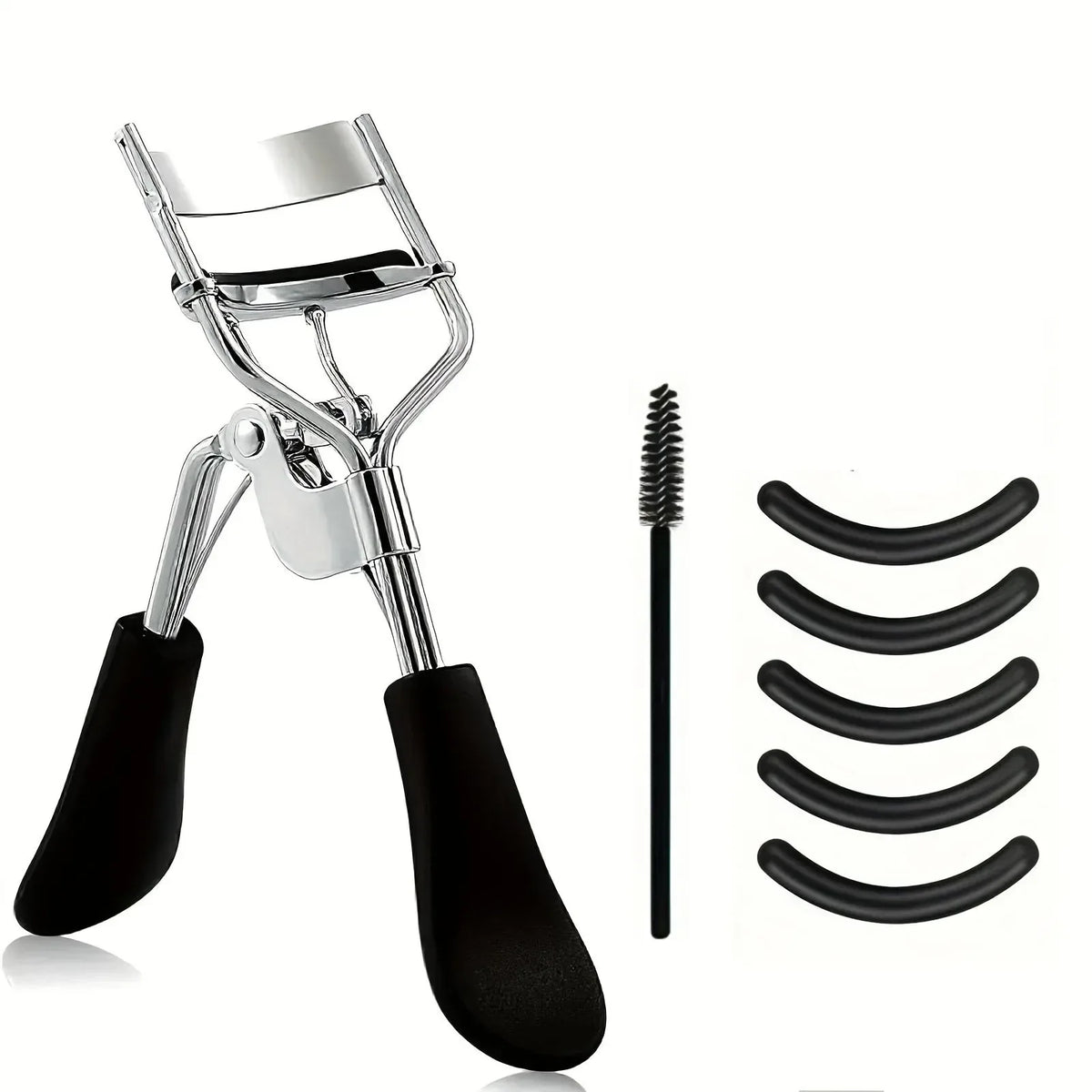 Stainless steel eyelash curler with silicone handle, mascara brush, and spare pads