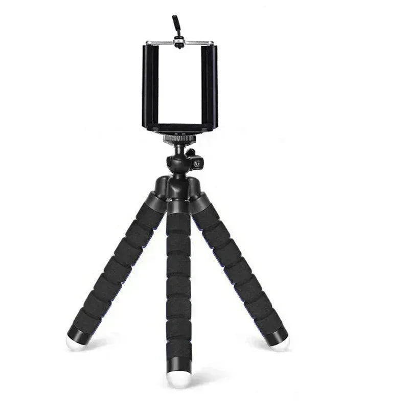 Black mini phone tripod stand with phone clamp and three flexible legs