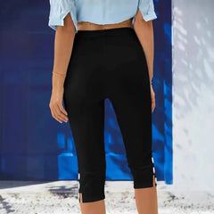 Plus size summer mid waist elastic solid color cropped pants tight, fashionable, sexy button down casual pants for women
