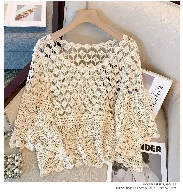 Off-white crochet lace top with wide half sleeves and diamond openwork yoke