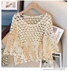 Off-white crochet lace top with wide half sleeves and diamond openwork yoke