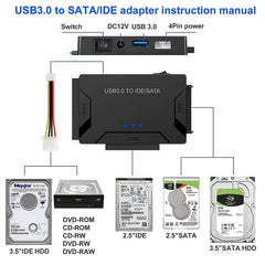 محول محرك الأقراص الصلبة SATA/IDE إلى USB 3.0 لمحول محرك الأقراص الصلبة العالمي 2.5/3.5 بوصة IDE SATA HDD SSD مع محول طاقة 12 فولت 2 أمبير