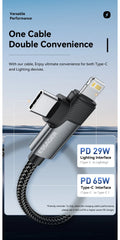 Essager PD 65W Max 2 in 1 Type C to Type C and Lightning For Samsung Xiaomi IPhone 14 13 12 11 Pro Max Xs Plus Data Cable