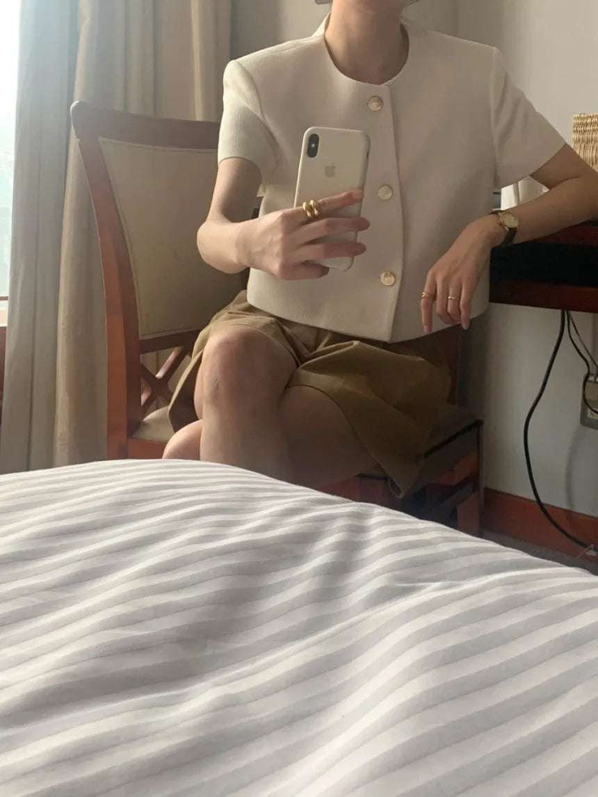 Chic Korean Sle round Ne Metal Single Button Loose ort Sve Outerwear for Women Summer Faion Commute Pure Color