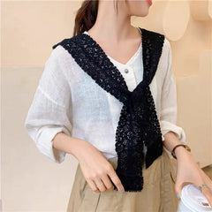 Women Shrugs Lace Hollow Out Female Summer Casual All-match Shawls Simple Scarf-collar Sleeveless Knitted Tops Korean Style Chic