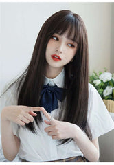 Korea Hair Extensions Synthetic Cute JK Girl Cosplay Air Bangs Wig Breathable Head Cover 50cm Long Straight Wig Hat for Women