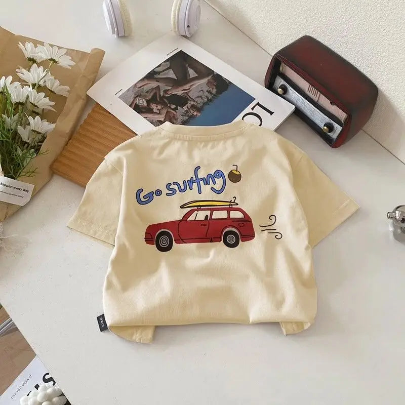 Child Short Sleeve Bottoming Shirt Cartoon Car Print Tops Solid Color Fashion Casual Wear 0-6Age Boys Summer Trendy Clothing