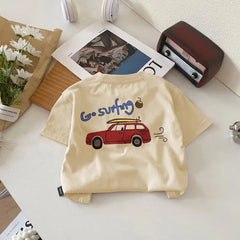 Child Short Sleeve Bottoming Shirt Cartoon Car Print Tops Solid Color Fashion Casual Wear 0-6Age Boys Summer Trendy Clothing