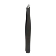 Black slant-tip eyebrow tweezer with pointed stainless end