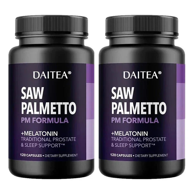 Two DAITEA saw palmetto PM formula supplement bottles, front label view