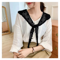 Women Shrugs Lace Hollow Out Female Summer Casual All-match Shawls Simple Scarf-collar Sleeveless Knitted Tops Korean Style Chic