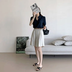 Ele Chiffon irt ort Sve Summer New Loose Collar  Ne White Top Women's Faion Commute Sle Straight Cut