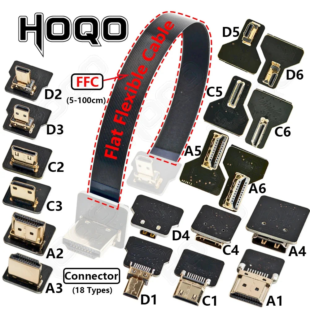 كابل مرن مسطح متوافق مع موصل HDMI من شريط FPV Raspberry Pi 4 Micro HDMI إلى HDMI/Mini HDMI أنثى بزاوية 90 درجة FFC 20 سنًا