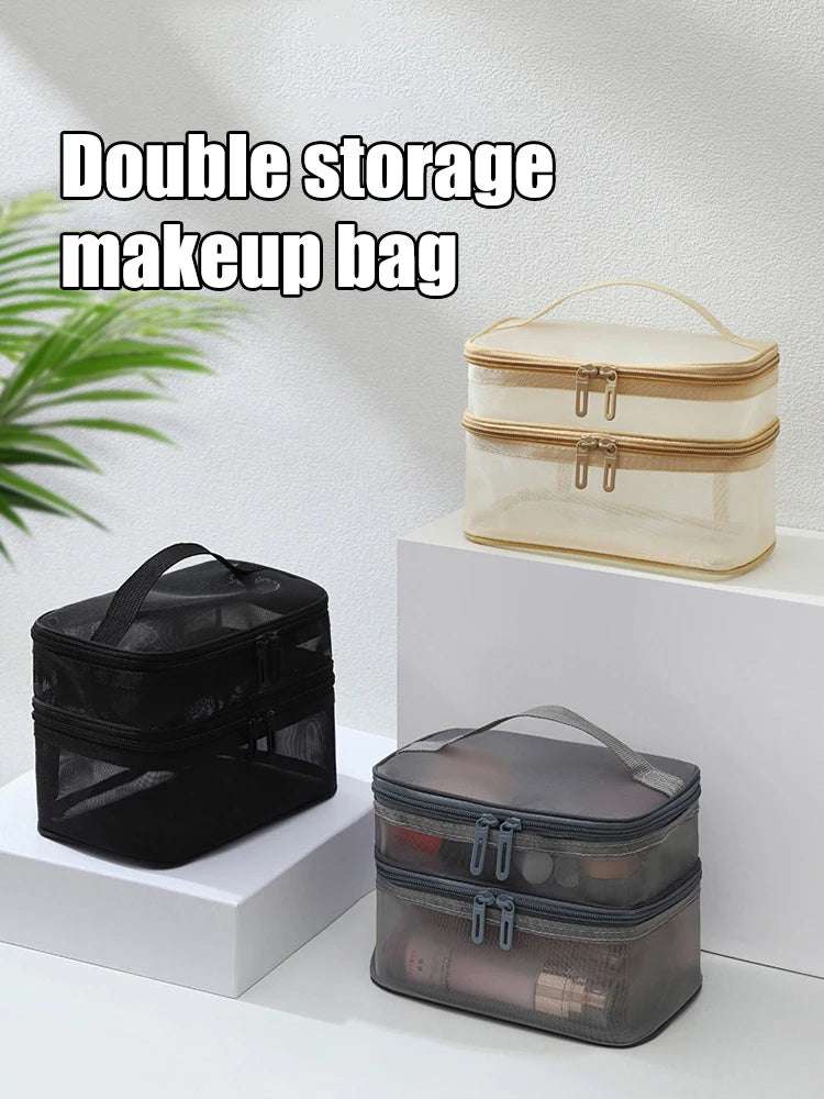 Double Layer Mesh Makeup Bag, Wash Bag, Women's Portable New Large Capacity Storage Bag, Cosmetics Storage Bag