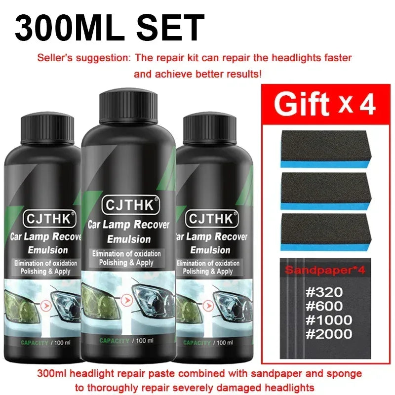 Car headlight restoration emulsion 300 ml kit with three bottles and four sanding pads