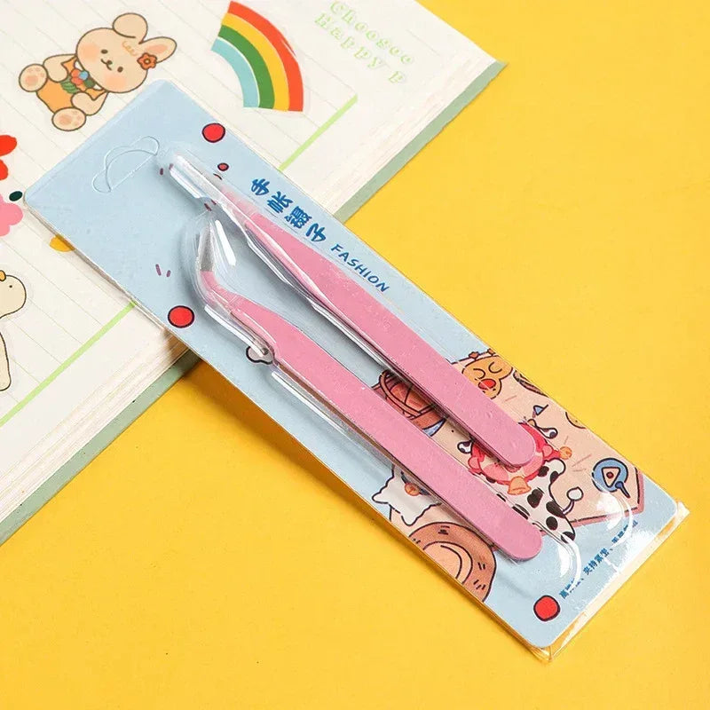 Stainless steel curved tweezers set with pink and silver handles