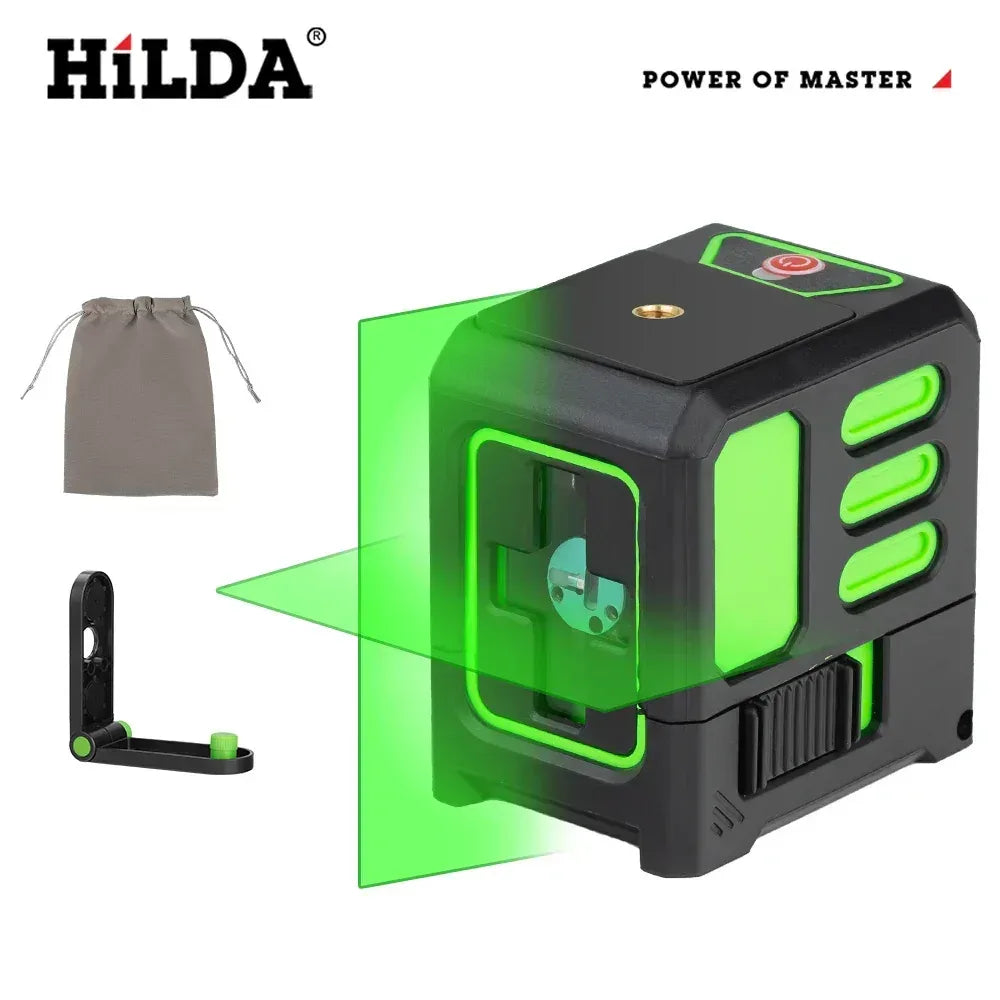 HILDA laser level meter with green line beam, black leveling base, and storage bag