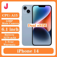 هاتف iPhone 14 بذاكرة وصول عشوائي (RAM) سعة 6 جيجابايت وذاكرة قراءة فقط (ROM) سعة 128 جيجابايت/256 جيجابايت وشريحة eSIM مزدوجة وشاشة OLED مقاس 6.1 بوصة وخاصية التعرف على الوجه وتقنية NFC وهاتف محمول A15 وشبكة 5G وهاتف iPhone 14 الذكي