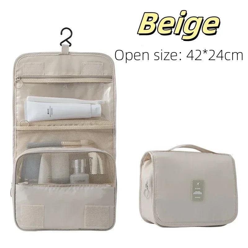 Beige waterproof travel makeup bag with hanging hook and mesh storage compartments