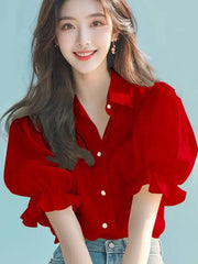 Ele Yellow Bubble Sve irt Thin Top Women's Faion Summer New Unique Beautiful High-End Feel Loose Fit  Collar